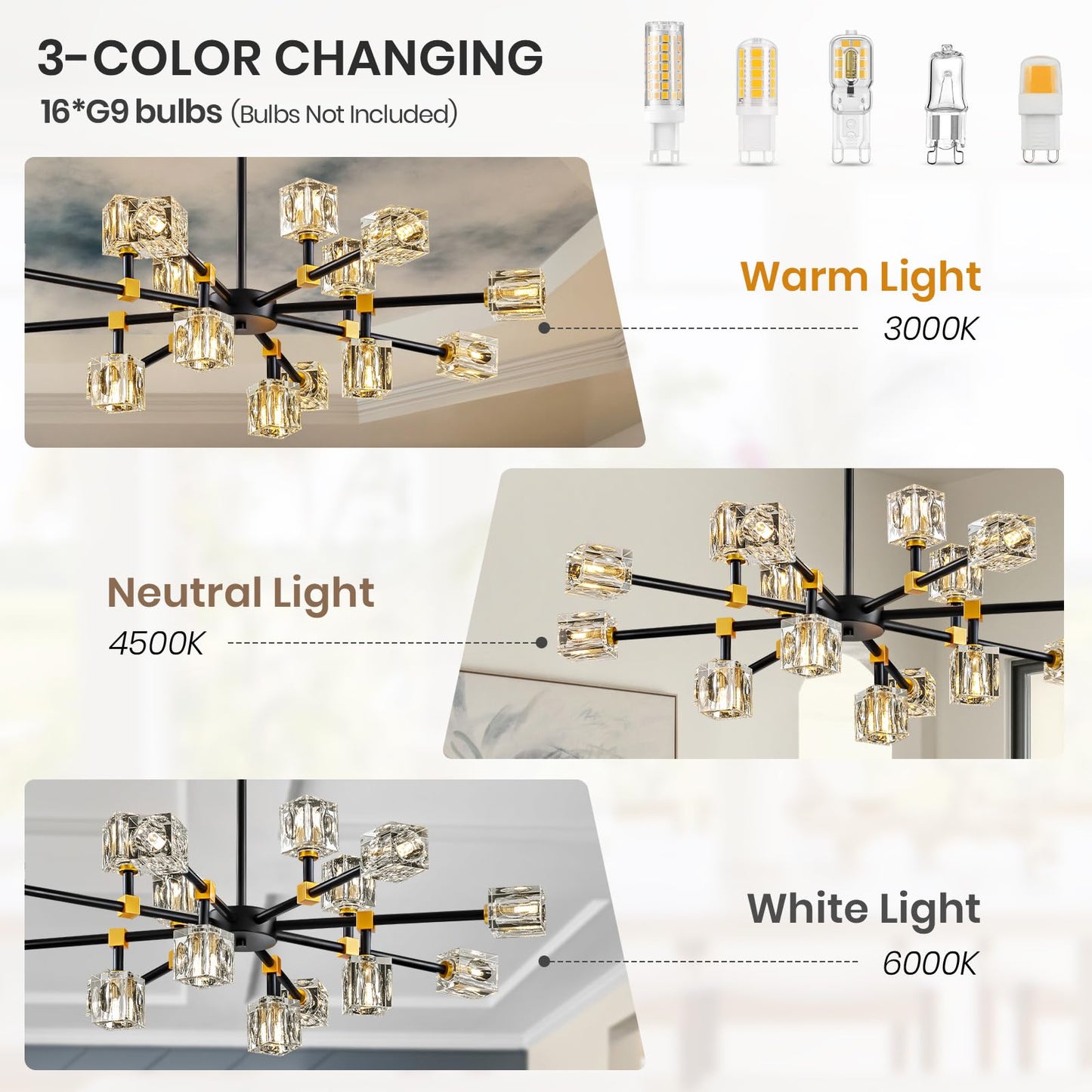 Sputnik Chandeliers with16-Light,Modern Black and Gold Crystal Chandelier, Mid Century Ceiling Light Fixture for Dining Room, Kitchen Island,Foyer,Living Room,Bedroom