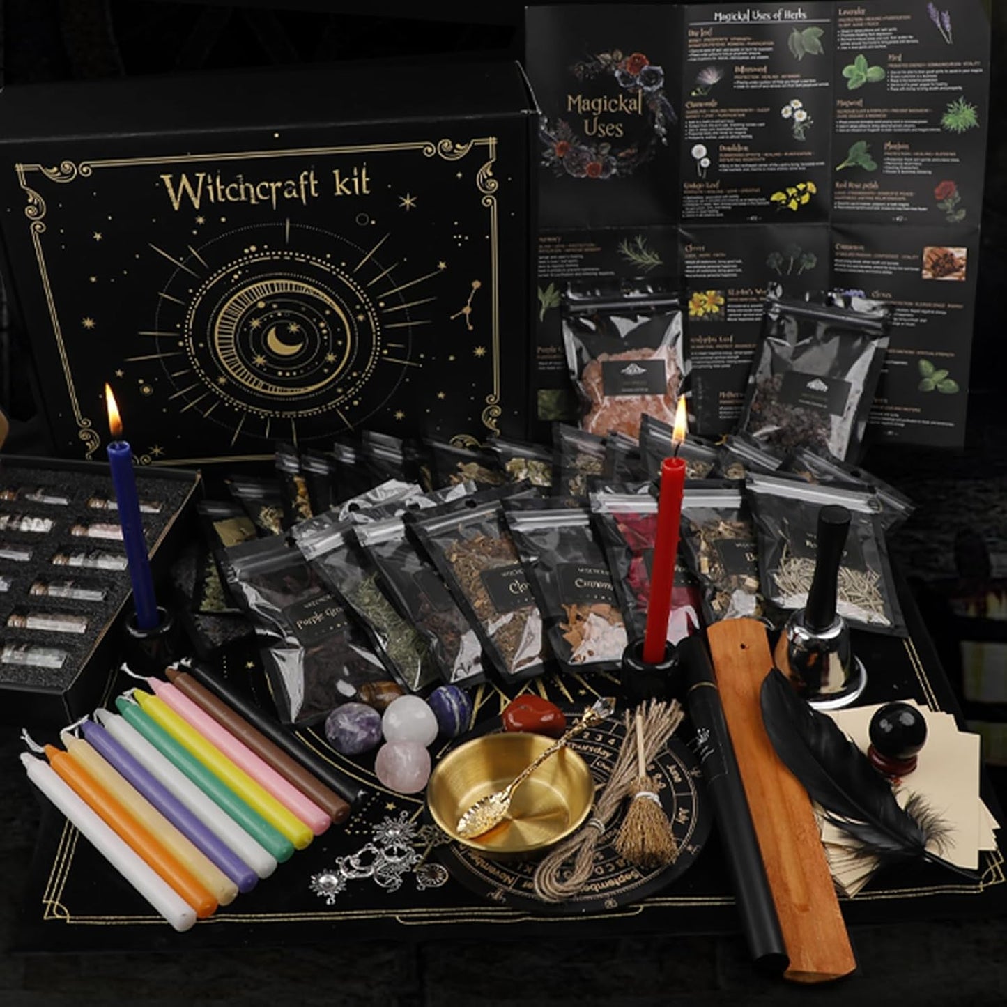 132 Witchcraft Supplies Kit PCS, Wiccan Supplies and Tools, Including Witchcraft Herbs, Spell Candles, Crystals