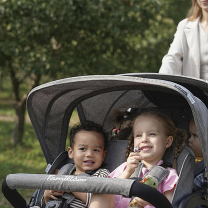 Familidoo H4E Quad Stroller Wagon for Kids, 4-Seater Daycare Baby Stroller with 5-Point Safety Harness, Lightweight & Foldable with All Reclining Seats, Double Canopy & Rain Cover (Gray)