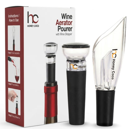 HC Honey Coco Wine Aerator Pourer + Vacuum Pump Stopper, 2-Piece Wine Saver Set, Drip-Free Pour Spout for Smoother Taste, Preserves Open Bottles, Gift-Ready Wine Accessories