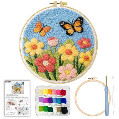 JOZYSH DIY Punch Needle Kits for Beginners Cute Cartoon Butterflies with Spring Flowers with Hoop Embroidery Punch Needle Starter Craft Set Easy for Adults Festival Gift and Decoration
