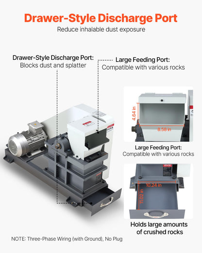 VEVOR Jaw Crusher Machine, 2.2KW High Power Rock Stone Crush Machine, 6.10 x 5.12 inch Feeding Port, 1740 RPM Speed Stone Shatter Grinder, Electric Stone Shatter 220V, for Rock Coal Glass Bottle