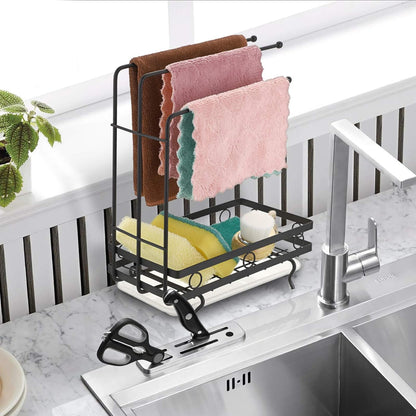 JUXYES Kitchen Sink Caddy Sponge Holder with Dishcloth Drying Rack, Storage Organizer for Kitchen Countertop, Black