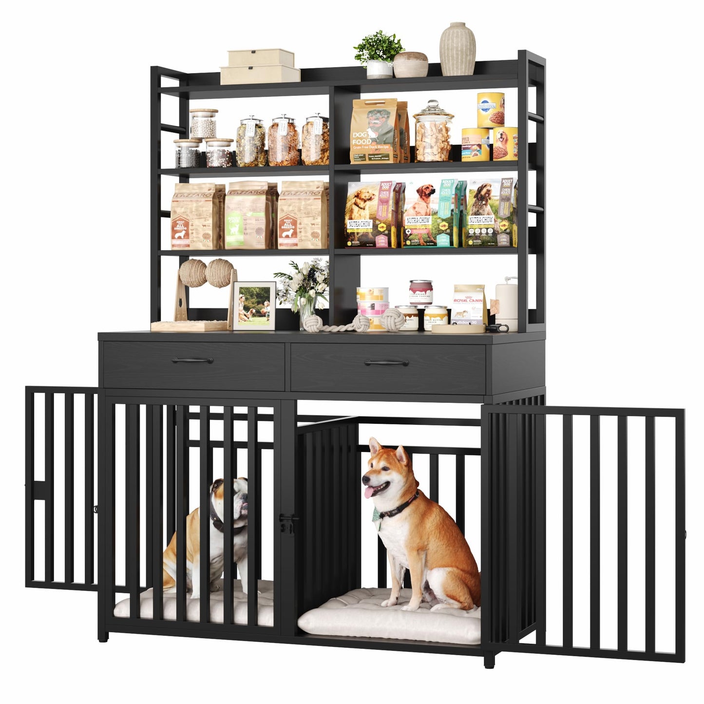 Keyluv 71''H x 47.2''W Large Dog Crate Furniture with 4-Tier Shelves and 2 Storage Drawers, Heavy Duty Dog Cage Furniture with 2 Doors, Wood & Metal Dog Kennel Indoor for Small/Medium/Large Dog, Black