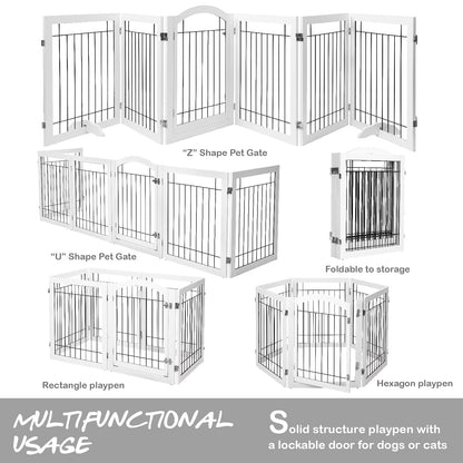 PAWLAND 144-inch Extra Wide 30-inches Tall Dog gate with Door Walk Through, Freestanding Wire Pet Gate for The House, Doorway, Stairs, Pet Puppy Safety Fence, Support Feet Included, White,6 Panels