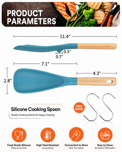 Cooking Spoon for Nonstick Cookwares, Great for Cooking and Serving Sturdy BPA-Free Matte Silicone, Wood Handle Spoon for Mixing, Scoop, and Scrape (Khaki & Turquoise, 11.4 inch)