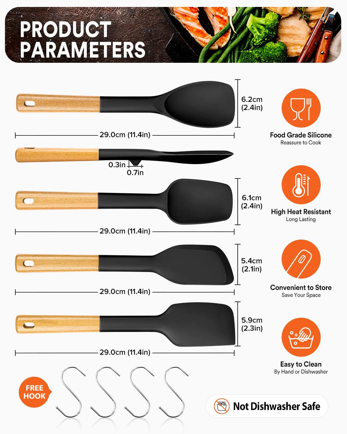 Silicone Spatula Spoon Set, Great for Mixing, Folding, Scraping, and Spreading, Sturdy BPA-Free Matte Silicone, Wooden Handle Rubber Spoonula for Nonstick Cookwares,4 Pack (BLACK)