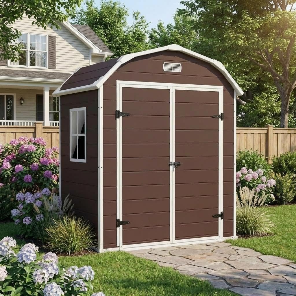 6x4.5 ft Resin Outdoor Storage Shed with Floor, Plastic Storage Shed with Lockable Door, Outside Shed Perfect to Store Patio Furniture, GardenTools Bike Accessories, Lawn Mower