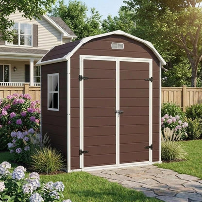 6x4.5 ft Resin Outdoor Storage Shed with Floor, Plastic Storage Shed with Lockable Door, Outside Shed Perfect to Store Patio Furniture, GardenTools Bike Accessories, Lawn Mower