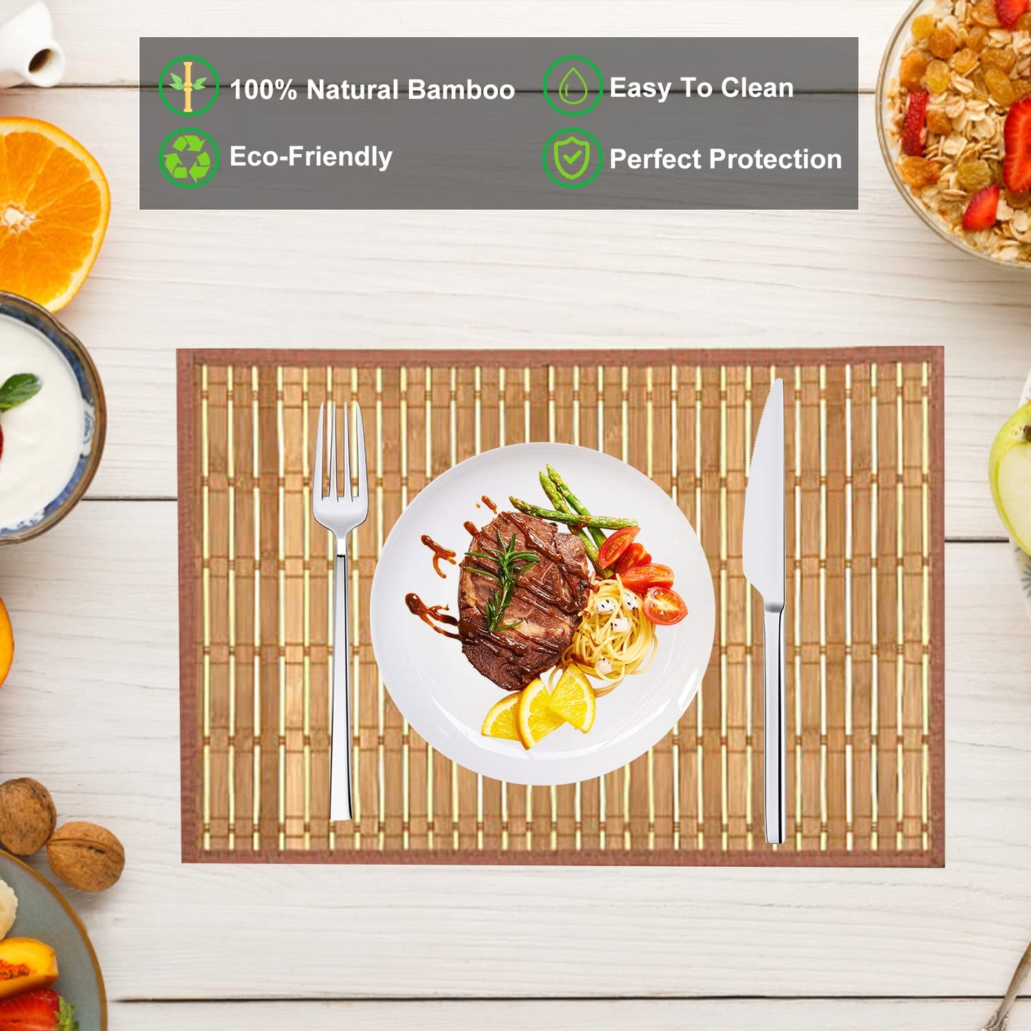 ANDSTAR Set of 12 Pcs Bamboo Placemats with Fabric Border Sushi Rolling Mat Japanese Style Natural Anti-Slip Bamboo Placemats Washable Heat-Resistant Table Mats for Dining Room and Kitchen(Coffee)