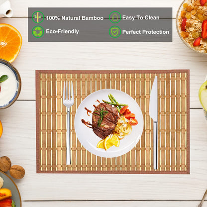 ANDSTAR Set of 12 Pcs Bamboo Placemats with Fabric Border Sushi Rolling Mat Japanese Style Natural Anti-Slip Bamboo Placemats Washable Heat-Resistant Table Mats for Dining Room and Kitchen(Coffee)
