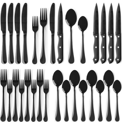 Astercook 24-Piece Black Silverware Set with Steak Knives Flatware Set for 4 Food-Grade Stainless Steel Cutlery Set Mirror Polished Utensils Set Include Spoons and Forks for Home Gifts for Women