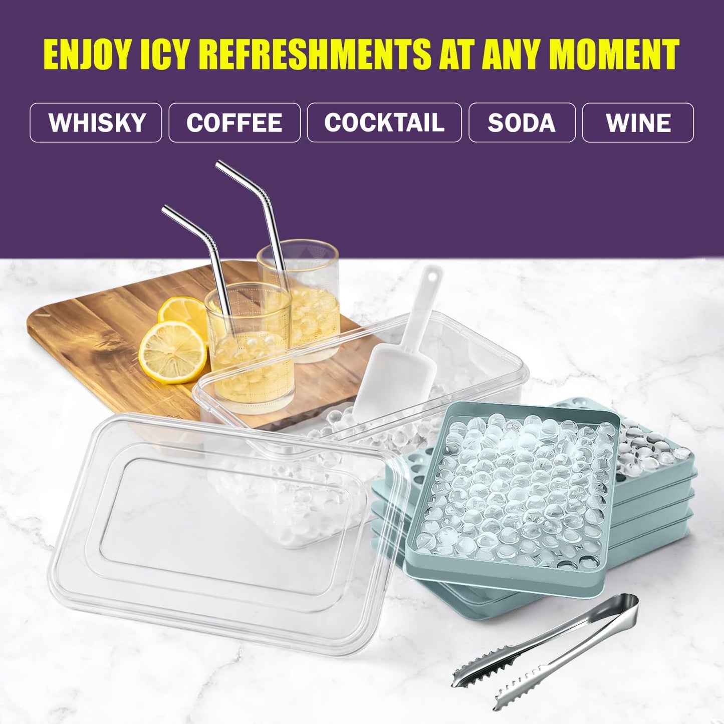 0.55in Mini Ice Cube Trays - Plastic Tiny Pebble Ice for Iced Coffee & Cocktails - Fast Chill, Easy Twist Release - Stackable with Lid, Storage Bin, Tongs, 2 Straws (4 pack, Blue)