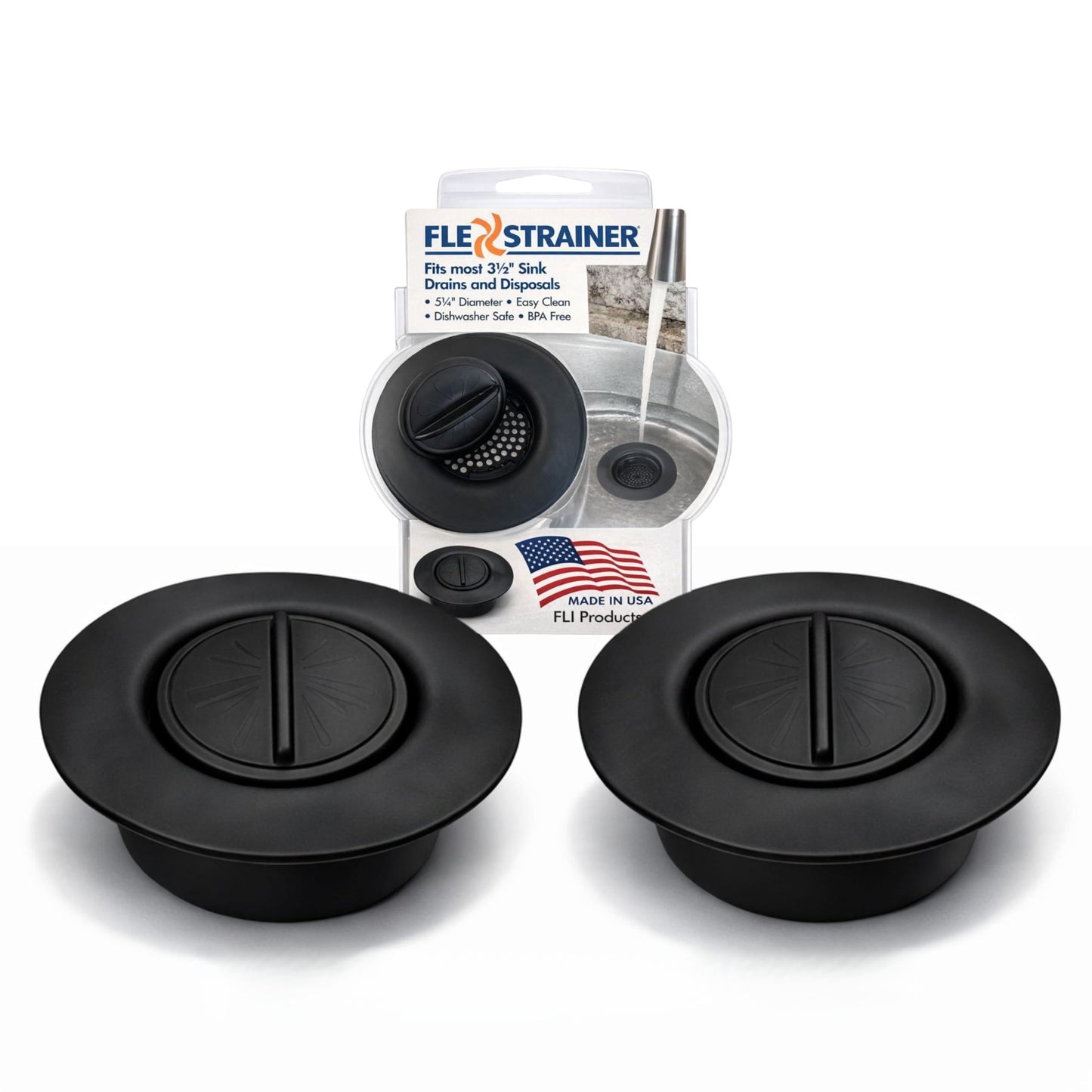 Flex Strainer® Sink Drain Strainer with Optional Stopper – No Center Stem, Fits Standard 3½” Sink Drains & Disposals – Easy Clean, Dishwasher Safe – Made in USA – Black, 2-Pack