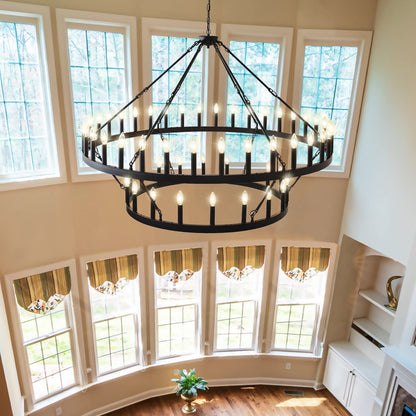 Yikrfiae 2 Tier Black Large Wagon Wheel Chandelier, 54-Lights 60 Inch Farmhouse Pendant Light Fixture, Round Rustic Hanging Lighting for Dining Room Kitchen Island Foyer Entryway