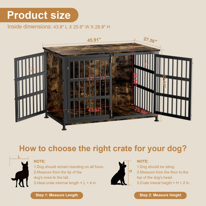 46" Dog Crate Furniture with Wheels, XXL Heavy Duty Dog Kennel Indoor for XL Dogs, Metal Chew-Proof Dog Cage, 45.9" L x 27.6" W x 32.4" H, Decorate House as TV Stand, End Table — Rustic Brown