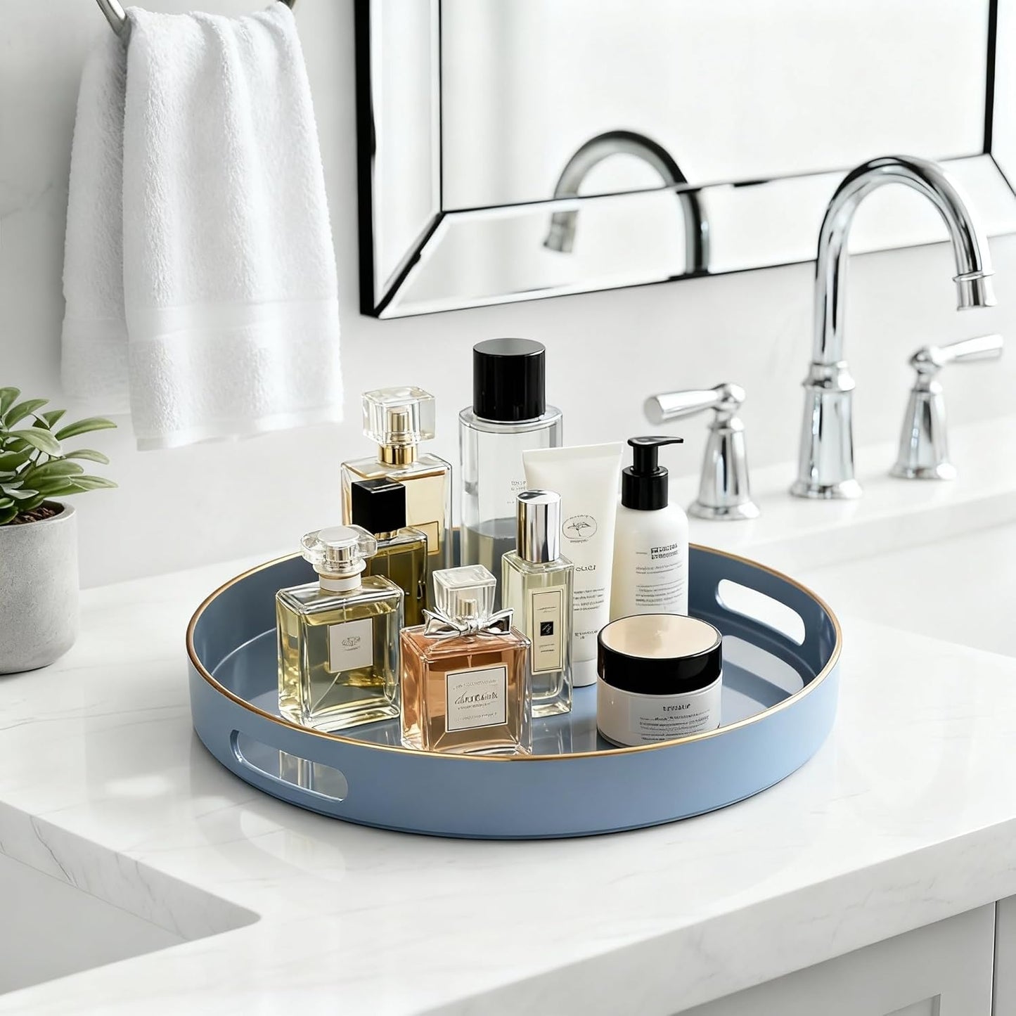 13 Zosenley Decorative Tray, Round Plastic Tray with Handles, Modern Vanity Tray and Serving Tray for Ottoman, Coffee