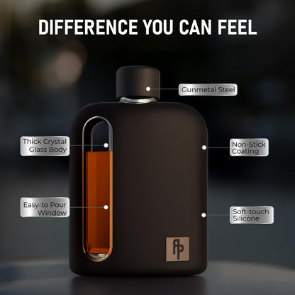 Ragproper Glass Hip Flask Set for Men – Modern Whiskey & Liquor Flasks with Cork & Silicone Lid Liner, Durable Silicone Cover, Firm Grip & Curved Edges – 100ml Single Shot and 240ml Double Shot, Black