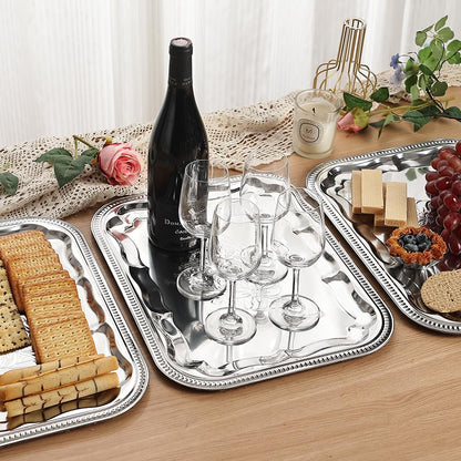 4-Pack 15.7" x 11.8" Silver Serving Trays for Party Set - Floral Engraved Serving Platters, Wedding Birthday Mirror Tray for Summer BBQ, Food, Appetizer, Charcuterie, Cookies, Desserts