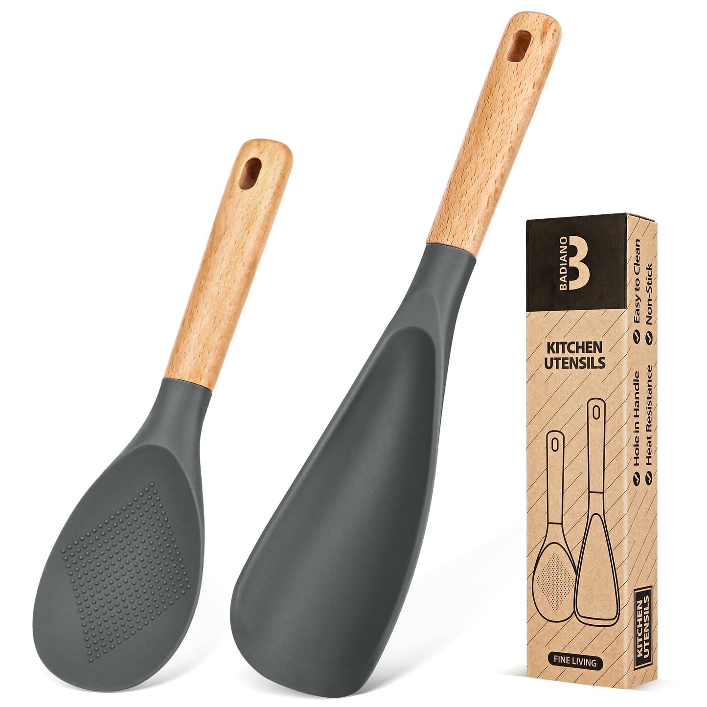 Cooking Spoon and Rice Scooper for Nonstick Cookwares, Great for Cooking and Serving Sturdy BPA-Free Matte Silicone, Wood Handle Spoon for Mixing, Scoop, and Scrape (GREY)