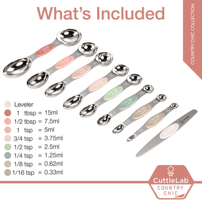 CuttleLab Magnetic Measuring Spoons Set - Stainless Steel, Double Ended, Stackable & Nested Design for Dry and Liquid Ingredients, Ideal for Spice Jars, 9-Piece Set with Leveler (Country Chic)