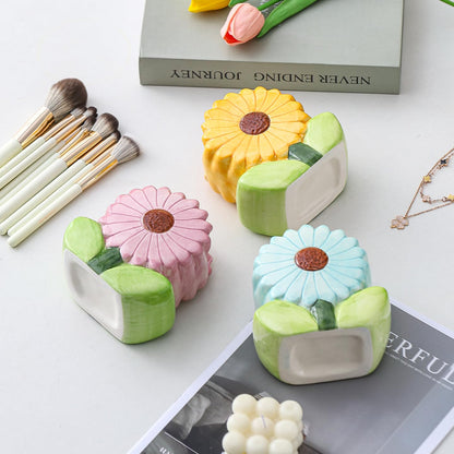 Ceramic Flower Makeup Brush Holder for Women Girls, Cute Pen Pencil Cup Pot for Desk Organizer, Bathroom Toothbrush Holder Home Office Decor (Yellow Sunflower)