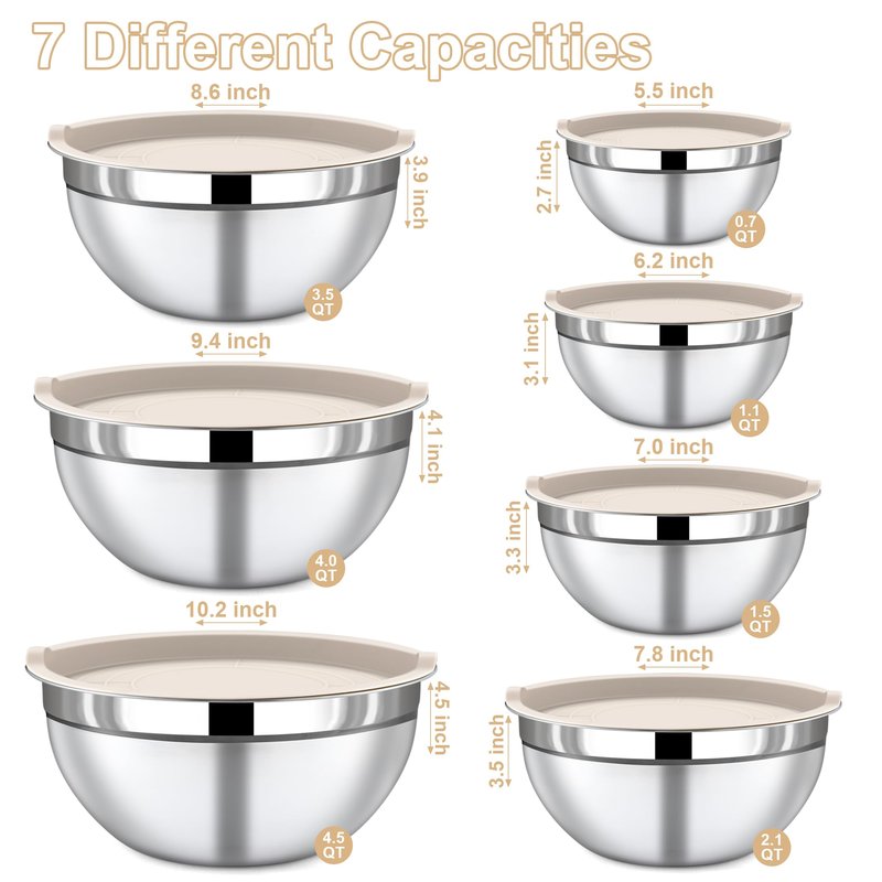 Funnydin 7 Piece Stainless Steel Mixing Bowls with Lids Set - Khaki Nesting Metal Mixing Bowls for Kitchen, Sizes 4.5, 4, 3.5, 2.1, 1.5, 1.1, 0.7 Qt for Baking, Cooking and Serving, Dishwasher Safe