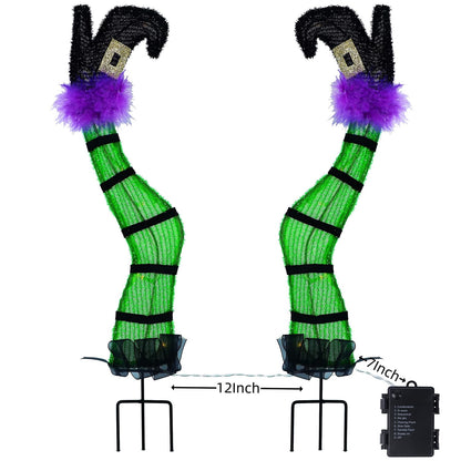 Juegoal Set of 2 Halloween Lighted Wicked Witch Legs with Stakes, 22" Light Up Tinsel Witch Prop, Halloween Yard Signs Timer & 8 Modes, Battery Operated for Outdoor Party Haunted House Garden Decor