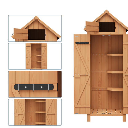 GarveeLife 70 in Outdoor Wooden Storage Shed Waterproof, Vertical Outdoor Storage Cabinet with 3 Shelves, Roof Storage & Lockable Door, Space-Saving Garden Tool Shed for Patio, Yard, Lawn