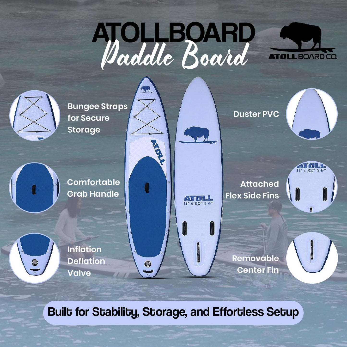Atoll Inflatable Paddle Board with Premium SUP Stand Up Paddle Board Accessories & Back Pack, Non-Slip Comfort Deck for Unisex Adult - 11ft (Light Blue)