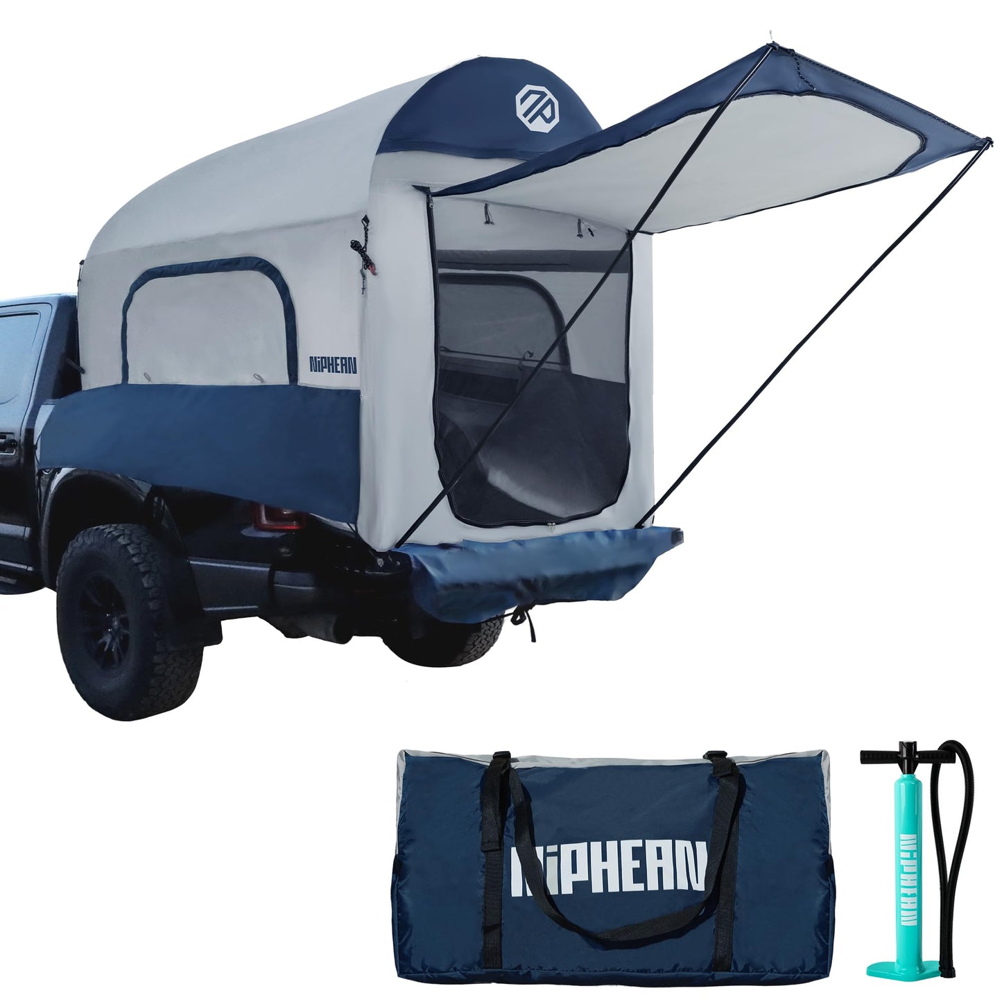 Niphean Truck Bed Tent 5.5ft with Awning Shade, 2 Mins Fast Setup Inflatable Pickup Truck Tent, for 2+1 People, PU 3000mm Waterproof, UPF 50+ Sunproof & High-Strength Windproof, Camp Anywhere You Park