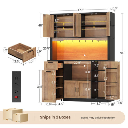Itaar 71" Pantry Cabinet with Charging Station and LED Light, Kitchen Pantry Cabinet with Microwave Stand, 47.2" Wide Kitchen Storage Cabinets with Storage Cart 3 Tier for Dining Room (Brown)