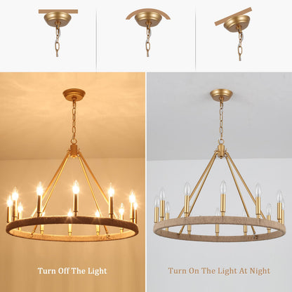 ASHUAQI 26" Gold Wagon Wheel Chandelier, 12-Light Farmhouse Chandelier for Dining Room, Gold Pendant Light Fixture for High Ceiling Living Room Foyer Entryway