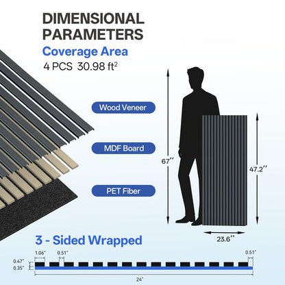 PIWA Acoustic Wall Panels 47” x 24" 4 Pack, Wood Panels for Wall Sound Dampening Slat Paneling with MDF Surface and Sound-Absorbing Core for Interior Decor, Home, Office and Gaming Room (Matte Black)