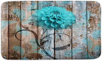Teal Dahlia Floral Bath Mat on Rustic Wooden Plank, Non-Slip Soft Doormat for Kids, 17x29 Indoor Outdoor Entryways