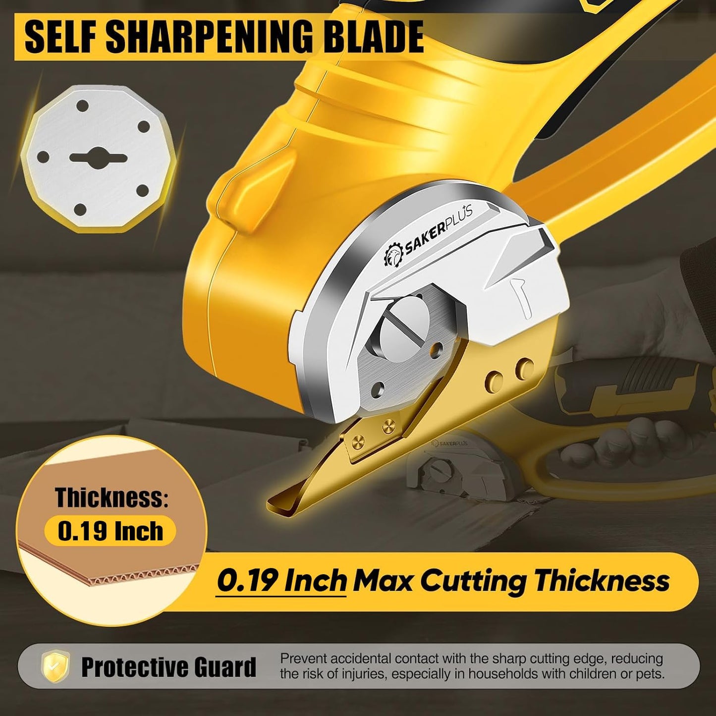 SakerPlus Cordless Electric Scissors, 4V Cardboard Cutter, Box Cutter Fabric Scissor with Safety Lock & LED Light, Rechargeable Power Rotary Cutters for Box Carpet Fabric Plastic Leather