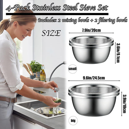 Stainless Steel Mixing Bowls, 4 Pack Rice Washer Strainer Bowl Large Mixing Bowl Salad Mixing Bow, Rice Cleaner Strainer Stainless Steel Colander For Washing Vegetables, Fruit, Rice, Straining Pasta