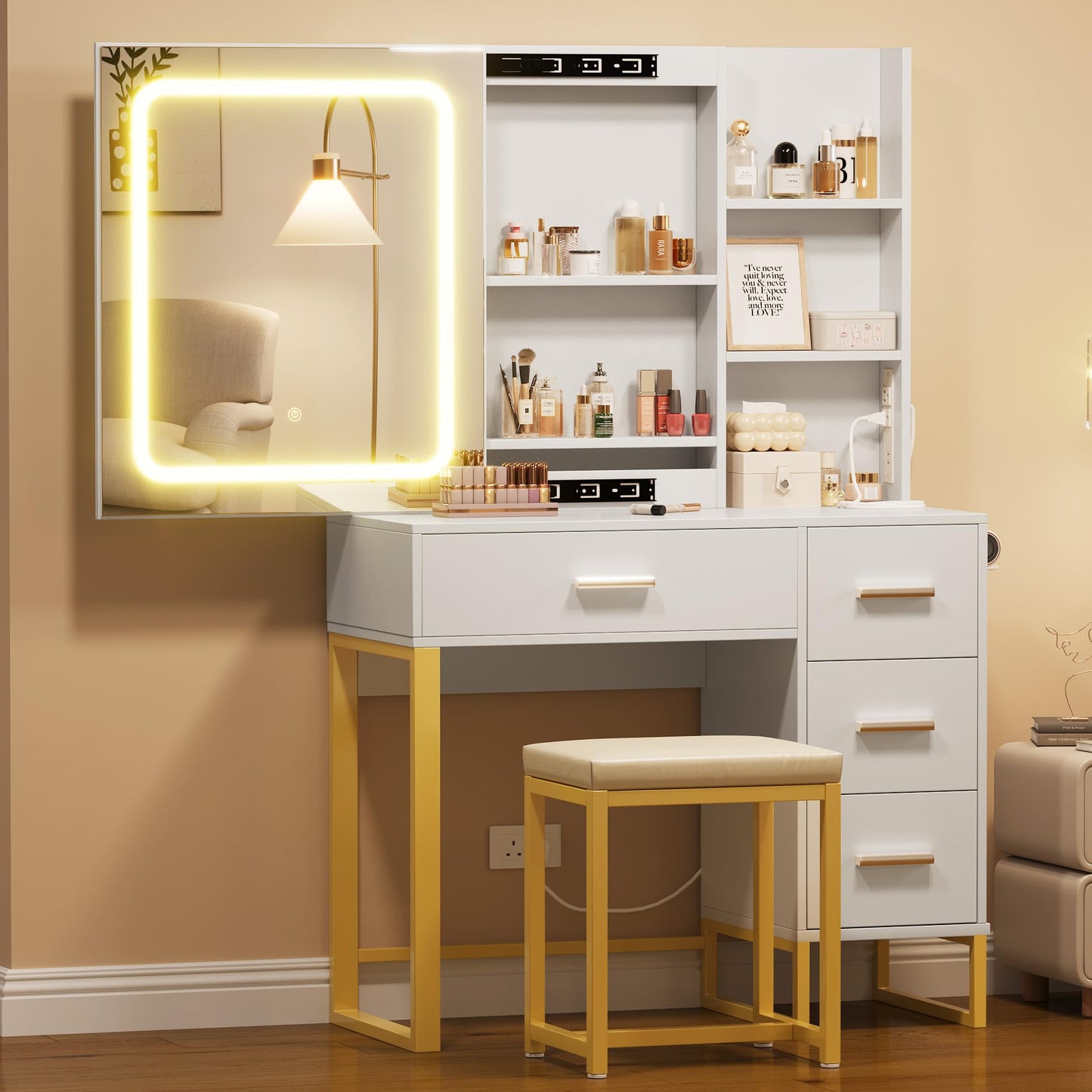 57'' Large Vanity Desk with Mirror & Lights, Makeup Vanity Table with Charging Station,