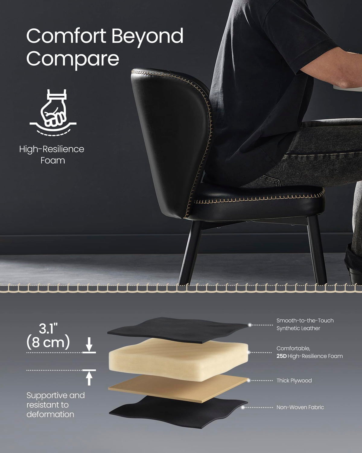VASAGLE EKHO Collection - Dining Chairs Set of 4, Upholstered Kitchen Chairs, Comfortable Seat, Synthetic Leather with Stitching, Mid-Century Modern, Easy Assembly, Living Room Lounge, Ink Black