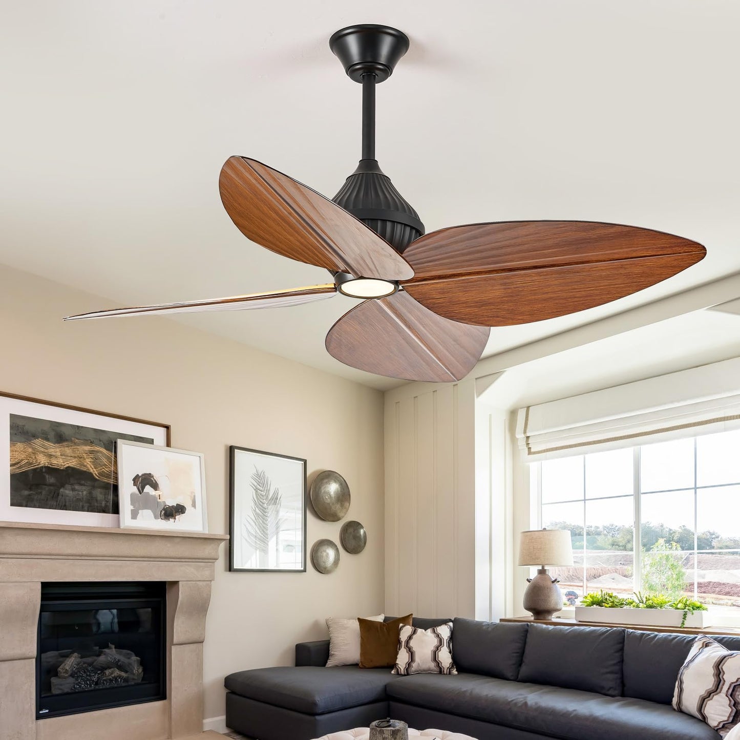 Fanyank 52“ Leaf Ceiling Fan with Light, Remote and App Control, 6 Speed Reversible, 3 Color Dimmable, Tropical Coastal Fandelier Ceiling Fans, for Bedroom, Living Room (Dark Brown)