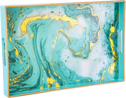 15.6" 10.2" Zosenley Decorative Tray, Marbling Plastic Tray with Handles, Rectangular Vanity Tray and Serving Tray