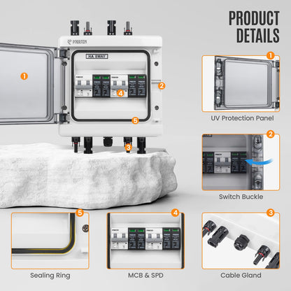 PJERJZN Solar Combiner Box 2 String PV Combiner Box 1000V DC 40A & 20-40KA SPD Power Distribution Box for Solar Panels Off-Grid Systems (2String 2 in 2 Out)