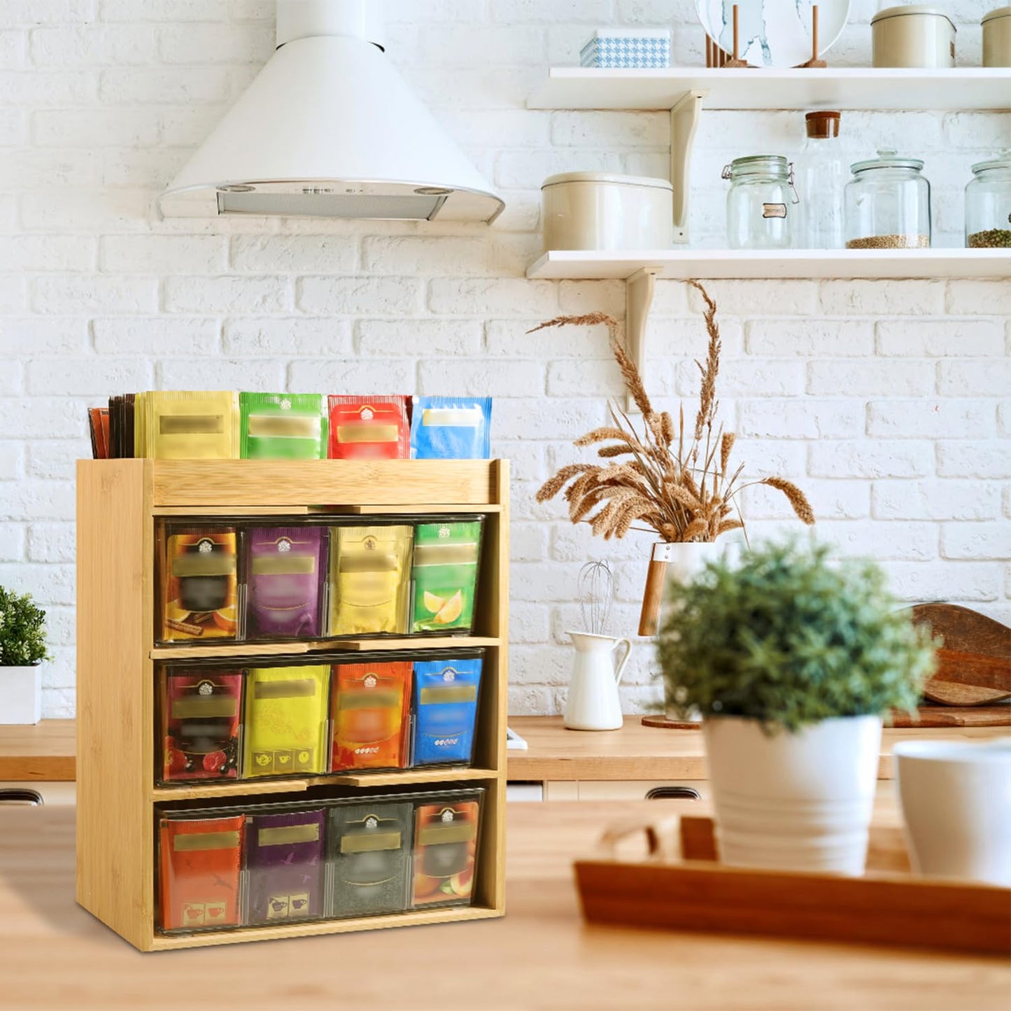 TIMIEEYA Tea Bag Organizer - Bamboo Tea Storage With Drawer 3 Layer, Organizer for Tea Bags Natural Wood & Acrylic for Countertop Office Kitchen Cabinet Pantry