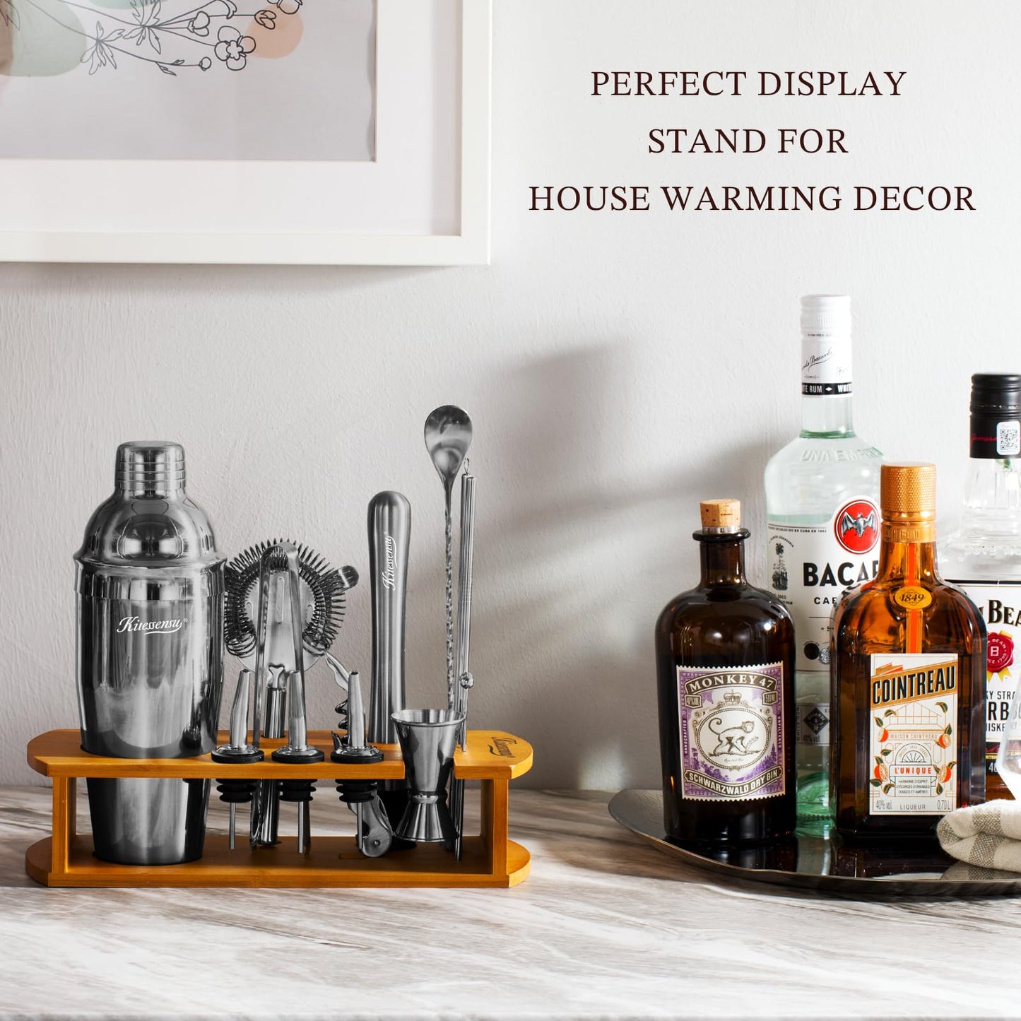 KITESSENSU Cocktail Shaker Set Bartender Kit with Stand | Bar Set Drink Mixer Set with All Essential Bar Accessory Tools: Martini Shaker, Jigger, Strainer, Mixer Spoon, Muddler, Liquor Pourers | Black
