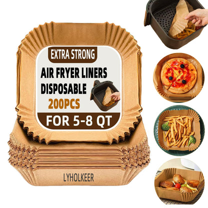 Air Fryer Liners Disposable,200Pcs Parchment Paper,LYHOLKEER 8IN Disposable Air Fryer Paper Liners for 5-8QT Air Fryer, Non-Stick, Square Liners Free of Bleach