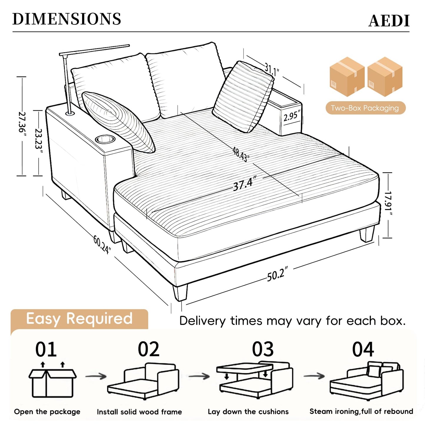 AEDI Oversized Chaise Lounge Chair with Reading Light & USB Charging,Sleeper Sofa with Cup Holder, Solid Wood Frame,for Living Room,Bedroom(Corduroy Beige)