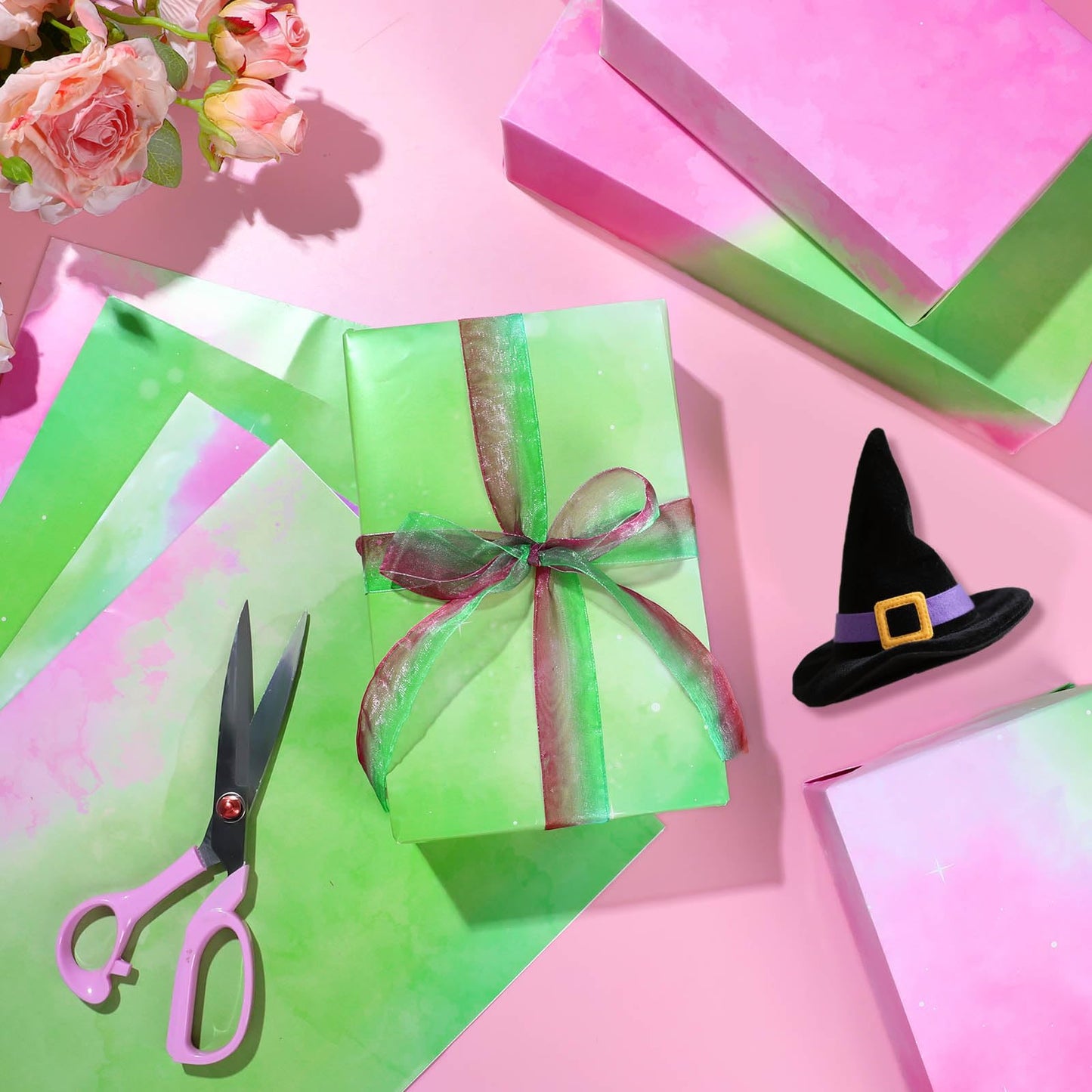 Pineraap 12 Sheets Pink and Green Wrapping Paper, Gradient Gift Wrap Paper Watercolor Gift Packing Paper for Girls Women Witch Themed Birthday Party DIY Crafts, 19.7 x 27.6 Inch