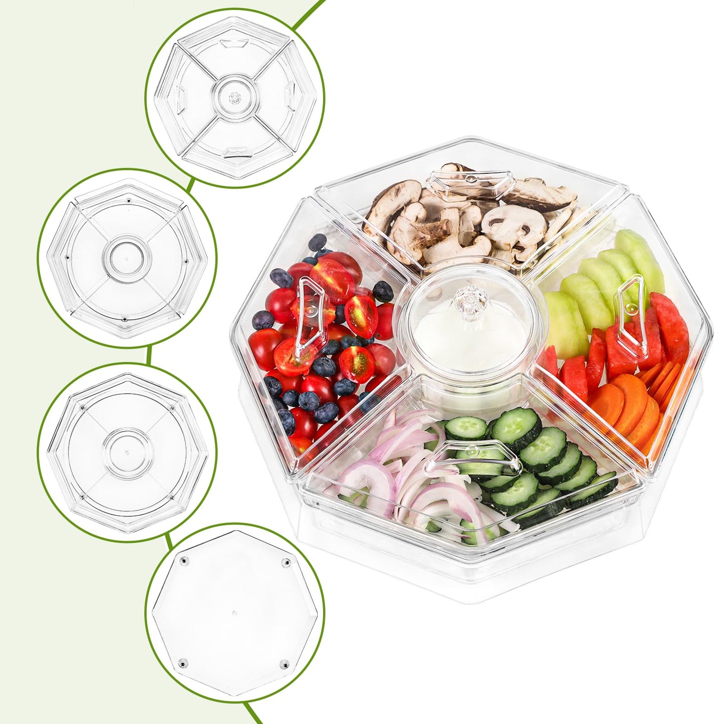 IVYHOME Ice Serving Lazy Susan, Chilled Food Containers with 4 Removable Dishes and Smooth Rotating Tray, Condiment Server with Separate Lids, for Bar Accessories, Fruit, Salad, Taco, Party Garnish