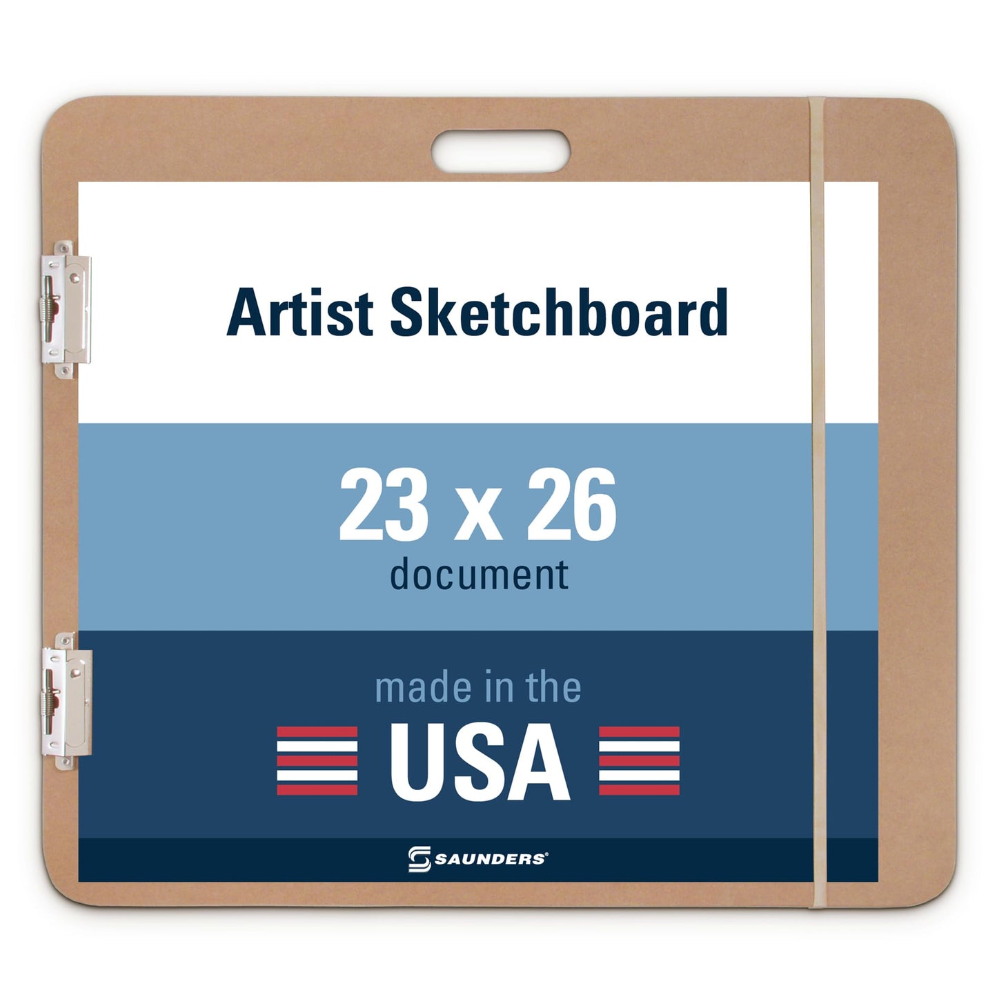 Saunders Recycled Hardboard Sketchboard 23x26 Made in USA, Artist Drawing Board with Handle, 2 Side Clips & Rubber Band, Large Masonite Field Clipboard for Life Drawing & Plein Air