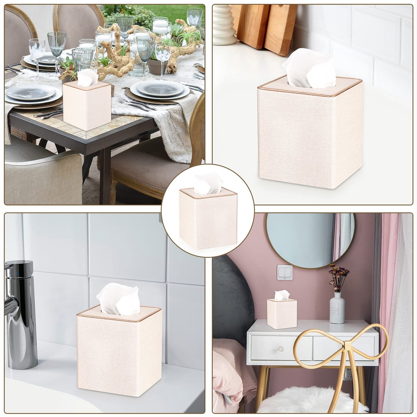 Sumnacon Square Linen Tissue Box Cover - Stylish Cube Tissue Box Holder with Magnetic Bottom, Decorative Tissue Box for Vanity Toilet Tank Dresser Night Stand Table Countertop Office Car, Beige